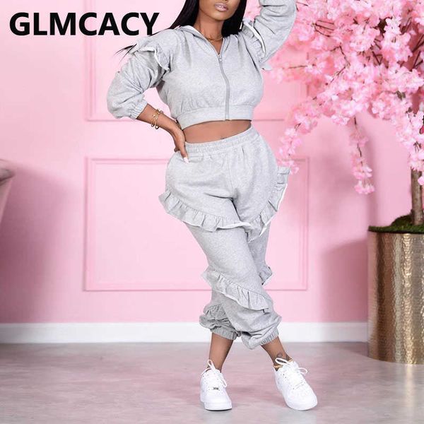 women casual ruffles detail track suits long sleeve hooded crop & jogger pants set 210702, White
women casual ruffles detail track suits long sleeve hooded crop & jogger pants set 210702, White