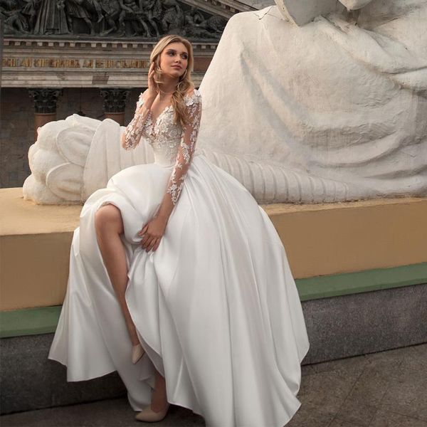 other wedding dresses elegant v neck dress lace appliques long sleeve satin bridal gown back with buttons illusion robe de mariee custom mad, White 
other wedding dresses elegant v neck dress lace appliques long sleeve satin bridal gown back with buttons illusion robe de mariee custom mad, White