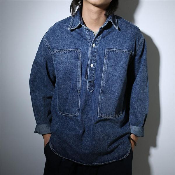 men's casual shirts half placket front pullover denim shirt men washed lapel cargo fashion mens arc hem long sleeve, White;black
men's casual shirts half placket front pullover denim shirt men washed lapel cargo fashion mens arc hem long sleeve, White;black