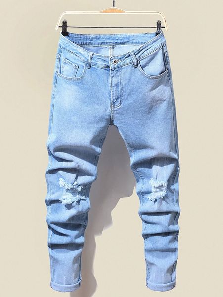 men ripped raw trim tapered jeans x0sl#, Blue 
men ripped raw trim tapered jeans x0sl#, Blue