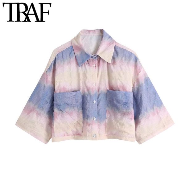 women fashion with pockets tie-dye cropped blouses vintage lapel collar short sleeve female shirts chic 210507, White
women fashion with pockets tie-dye cropped blouses vintage lapel collar short sleeve female shirts chic 210507, White