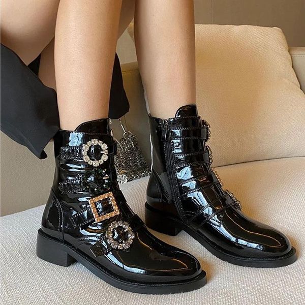 boots shoes for women 2021 ankle round toe flats metal chain patent leather chunky female side zipper botas de mujer, Black
boots shoes for women 2021 ankle round toe flats metal chain patent leather chunky female side zipper botas de mujer, Black