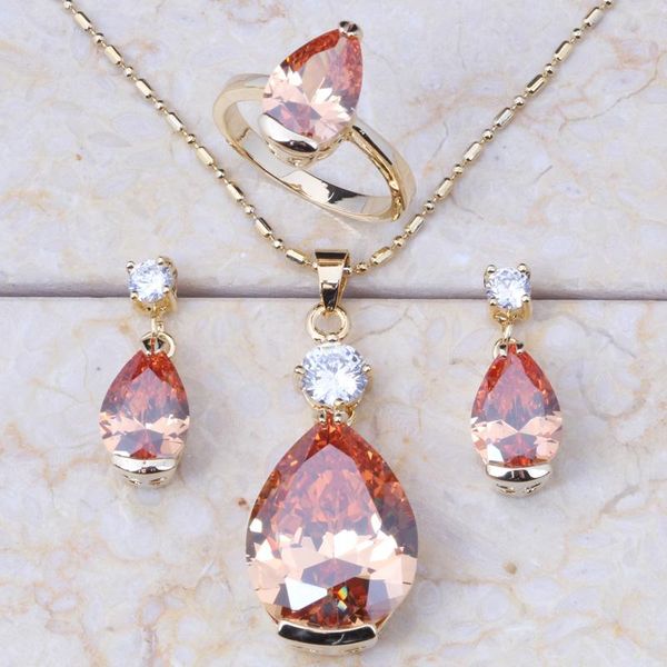 earrings & necklace luxury champagne crystal cubic zirconia yellow gold color jewelry sets classic water drop for women kt021, Silver 
earrings & necklace luxury champagne crystal cubic zirconia yellow gold color jewelry sets classic water drop for women kt021, Silver