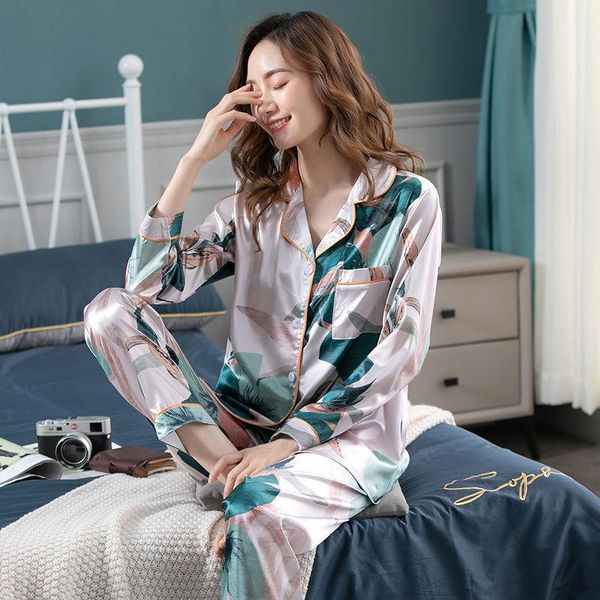 women's two piece pants pajamas women spring and autumn simulation silk long-sleeved plus size suit ice home service, White
women's two piece pants pajamas women spring and autumn simulation silk long-sleeved plus size suit ice home service, White