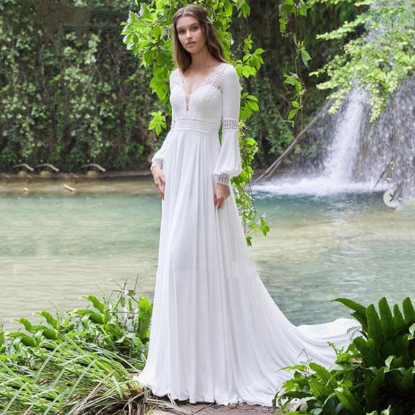simple bohemian beach chiffon wedding dresses a line 2021 long sleeve deep v neck boho wedding dress backless long country, White
simple bohemian beach chiffon wedding dresses a line 2021 long sleeve deep v neck boho wedding dress backless long country, White