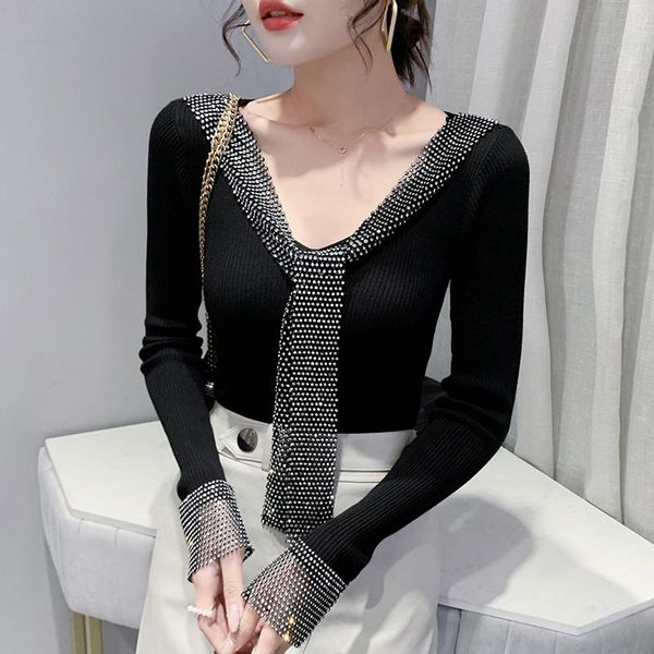 women's sweaters fall winter knitted sweater v-neck bright drill tie women long sleeve patchwork shiny diamonds 2021, White;black
women's sweaters fall winter knitted sweater v-neck bright drill tie women long sleeve patchwork shiny diamonds 2021, White;black