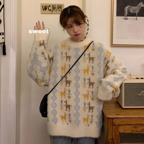 women's sweaters lazy style sweater mohair loose and thick outer wear 2021 autumn winter retro jacket pullover round neck, White;black
women's sweaters lazy style sweater mohair loose and thick outer wear 2021 autumn winter retro jacket pullover round neck, White;black