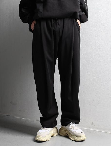 men's pants trend hip hop casual front pleated wide leg black slim elastic waist