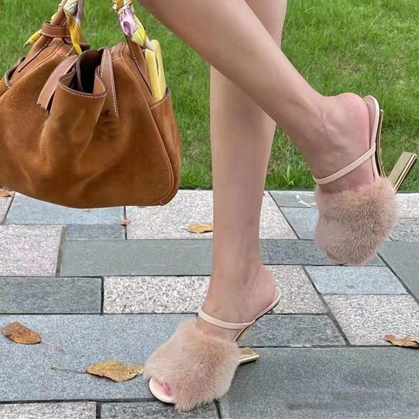 designer high heeled slippers womens sandals fashion mink hair real wool f heel shoes genuine leather sole 8.5 cm heels, Black
designer high heeled slippers womens sandals fashion mink hair real wool f heel shoes genuine leather sole 8.5 cm heels, Black