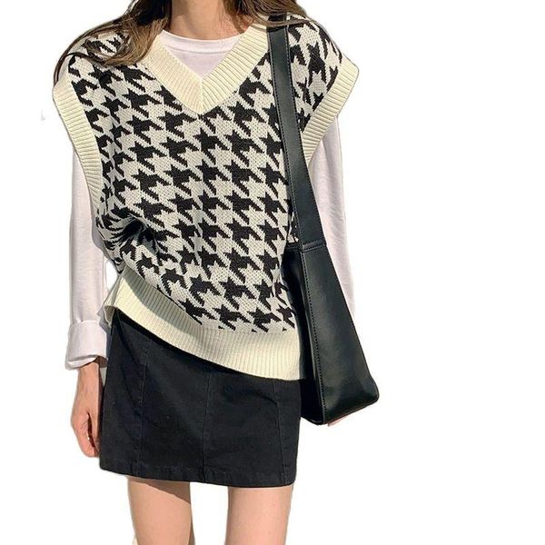 women's vests women sweater vest autumn houndstooth plaid v-neck sleeveless knitted vintage loose oversized female, Black;white
women's vests women sweater vest autumn houndstooth plaid v-neck sleeveless knitted vintage loose oversized female, Black;white