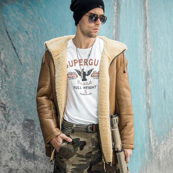 men's leather & faux purely handmade genuine jacket men fur one shearling sheepskin mens hooded mid-length casual coat, Black
men's leather & faux purely handmade genuine jacket men fur one shearling sheepskin mens hooded mid-length casual coat, Black