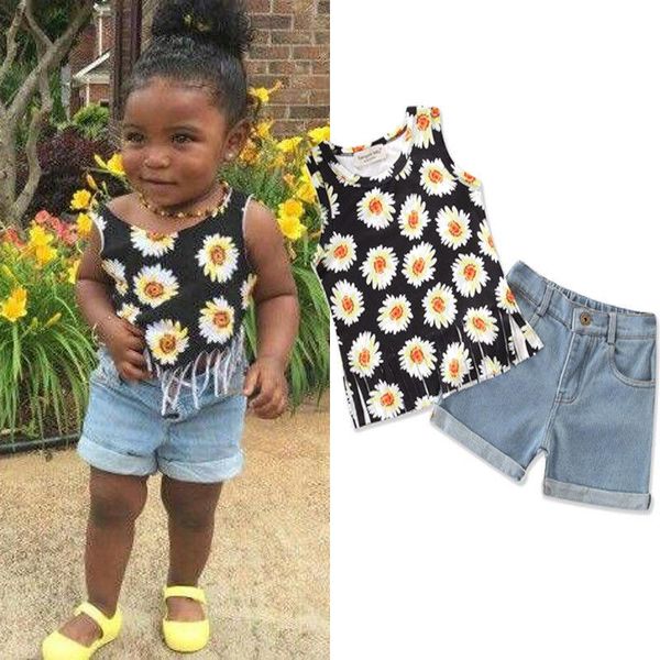 clothing sets baby girl's summer outfit sleeveless round neck sunflower print tassel tank + denim shorts, White 
clothing sets baby girl's summer outfit sleeveless round neck sunflower print tassel tank + denim shorts, White