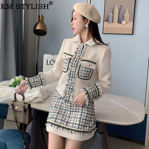 two piece dress km stylish women's tweed set 2021 fall winter women pearl button deco apricot plaid jacket + mini woolen skirt 2, White
two piece dress km stylish women's tweed set 2021 fall winter women pearl button deco apricot plaid jacket + mini woolen skirt 2, White