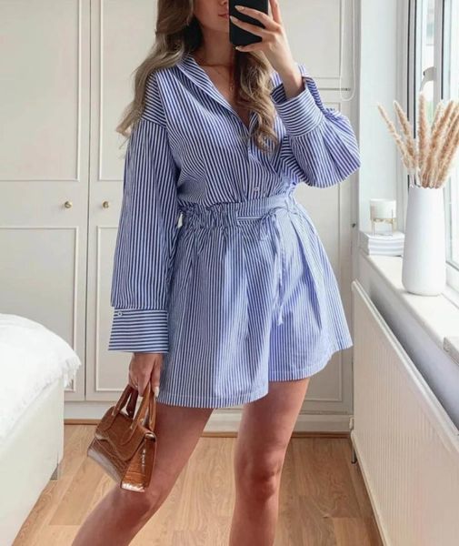 women's tracksuits women summer autumn blue long sleeves striped collared shirt elastic band shorts high waist set chic lady fashion ca, Gray
women's tracksuits women summer autumn blue long sleeves striped collared shirt elastic band shorts high waist set chic lady fashion ca, Gray