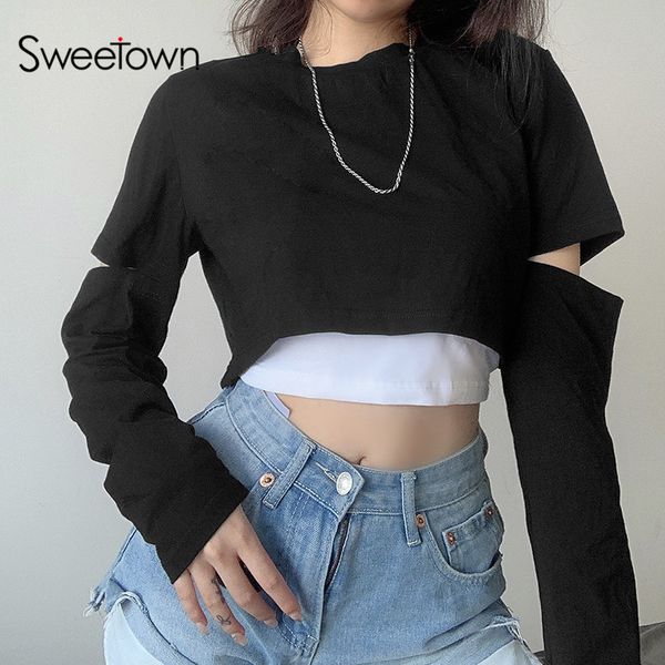 sweetown 2021 autumn hollow out long sleeve crop shirt for women o-neck casual patchwork shirt female korean fashion streetwear, Black;white
sweetown 2021 autumn hollow out long sleeve crop shirt for women o-neck casual patchwork shirt female korean fashion streetwear, Black;white