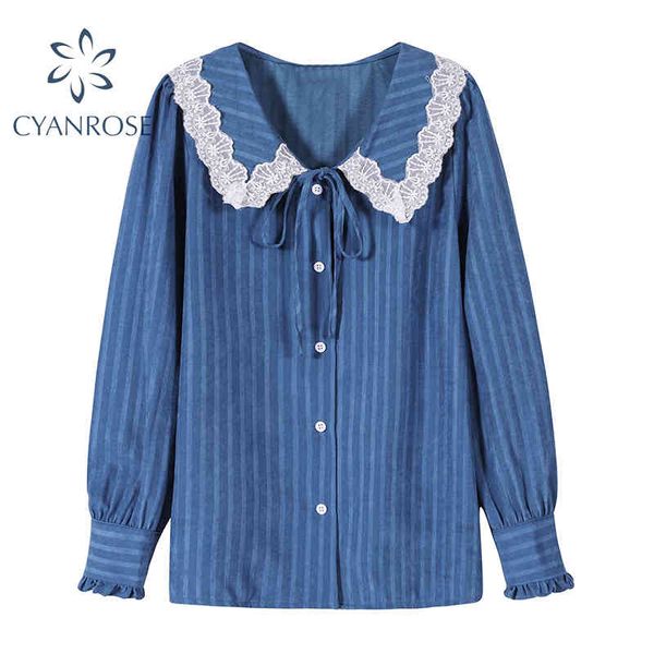 blue striped vintage blouses women long sleeve ruffle blusas elegant fashion office ladies korean retro loose ins 210430, White
blue striped vintage blouses women long sleeve ruffle blusas elegant fashion office ladies korean retro loose ins 210430, White