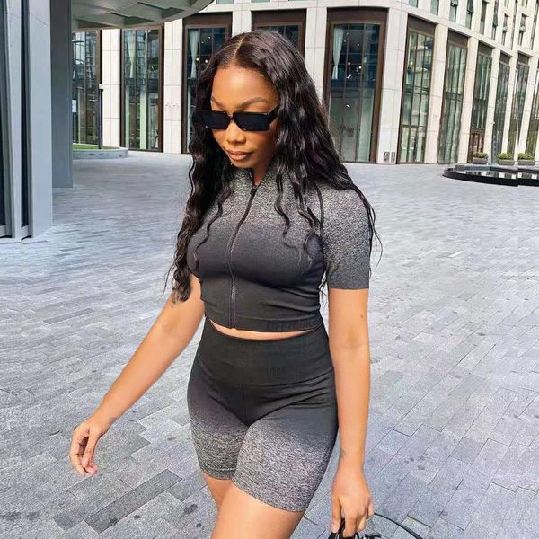 women's tracksuits 2021 summer casual fashion women slim street zipper stand collar gradual change shorts two sets, Gray
women's tracksuits 2021 summer casual fashion women slim street zipper stand collar gradual change shorts two sets, Gray