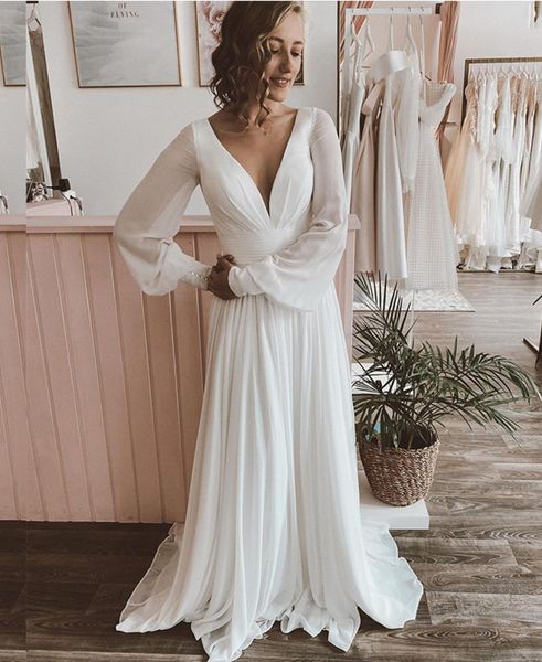 chiffon wedding dress a line long sleeve pleat v-neck bridal gowns simple beach vestidos de fiesta bride dress, White
chiffon wedding dress a line long sleeve pleat v-neck bridal gowns simple beach vestidos de fiesta bride dress, White