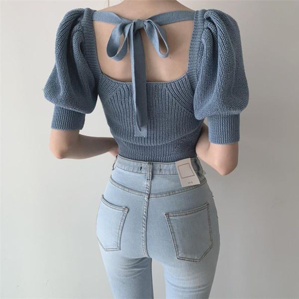 elegant back lace-up knotbow knitted women temperament square collar puff sleeve t shirt casual summer woman tshirt women's t-shirt, White
elegant back lace-up knotbow knitted women temperament square collar puff sleeve t shirt casual summer woman tshirt women's t-shirt, White