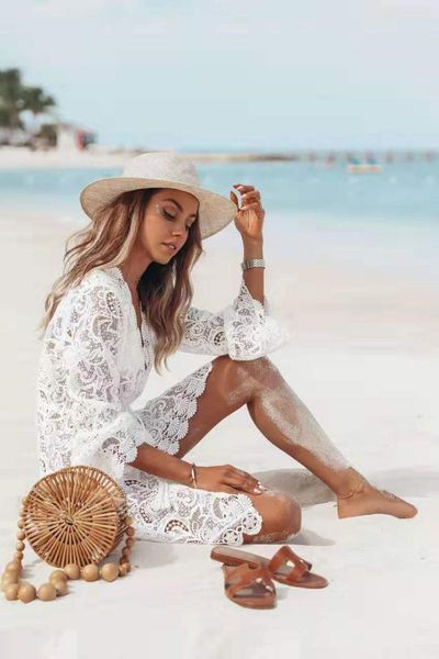 women lace beachwears crochet casual floral swimsuit cover up long sleeve robe de plage white short tunics deep v maxi 2021 women's swi, White;black
women lace beachwears crochet casual floral swimsuit cover up long sleeve robe de plage white short tunics deep v maxi 2021 women's swi, White;black