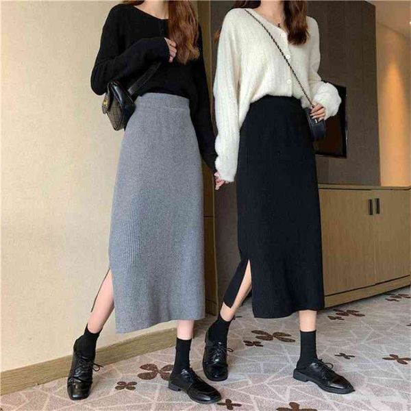 autumn & winter elastic high waist slim simple black split ends all-match women a-line knitted long skirt 210527
autumn & winter elastic high waist slim simple black split ends all-match women a-line knitted long skirt 210527