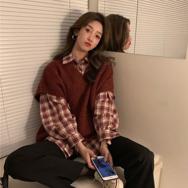 women's vests women's clothes spring and autumn knitted vest + plaid shirt sweater, Black;white
women's vests women's clothes spring and autumn knitted vest + plaid shirt sweater, Black;white