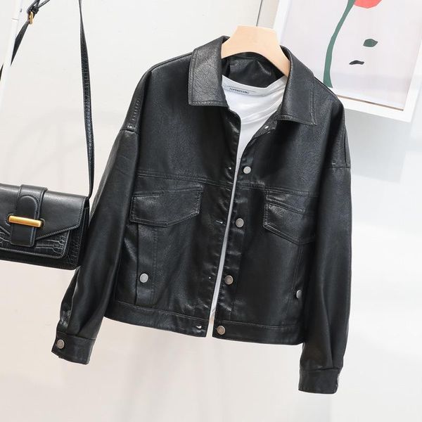 women's leather & faux 2021 spring woman jacket female casual pu loose motorcycle jackets ladies streetwear oversized coat s- a49, Black
women's leather & faux 2021 spring woman jacket female casual pu loose motorcycle jackets ladies streetwear oversized coat s- a49, Black