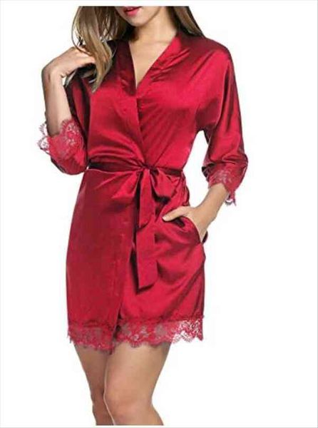 ladies contrast lace satin robe fashion women clothes spring blue half sleeve plain night robe, Black;red
ladies contrast lace satin robe fashion women clothes spring blue half sleeve plain night robe, Black;red