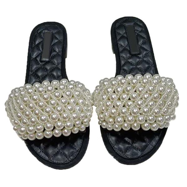 women luxury slippers string pearl beach shoes summer outside natural leather low heel slides, Black
women luxury slippers string pearl beach shoes summer outside natural leather low heel slides, Black