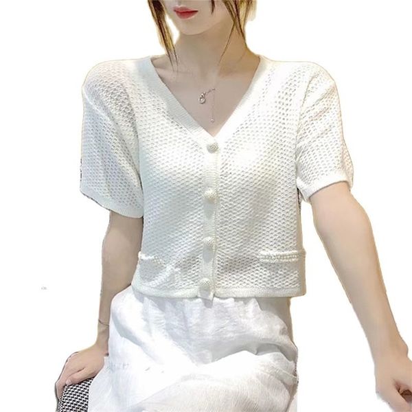 heavy industry temperament v-neck curvy bead short cardigan thin sweater summer korean women's clothing 210520, White;black
heavy industry temperament v-neck curvy bead short cardigan thin sweater summer korean women's clothing 210520, White;black