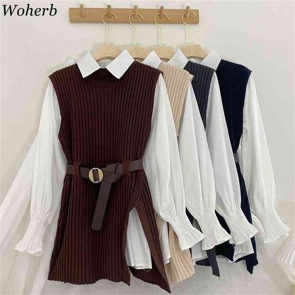 woherb korean spring autumn women knitted sweater vest + white blouse casual belt suit two pieces set office lady outfits 210914, White;black
woherb korean spring autumn women knitted sweater vest + white blouse casual belt suit two pieces set office lady outfits 210914, White;black