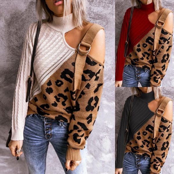 fashion off-shoulder irregular stitching leopard print turtleneck knit sweater long sleeve women women's sweaters, White;black
fashion off-shoulder irregular stitching leopard print turtleneck knit sweater long sleeve women women's sweaters, White;black