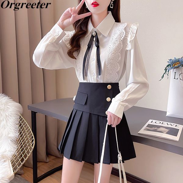 preppy style 2 piece set spring bowknot lace trim chiffon white shirt + irregular mini pleated skirt suit women 210525
preppy style 2 piece set spring bowknot lace trim chiffon white shirt + irregular mini pleated skirt suit women 210525