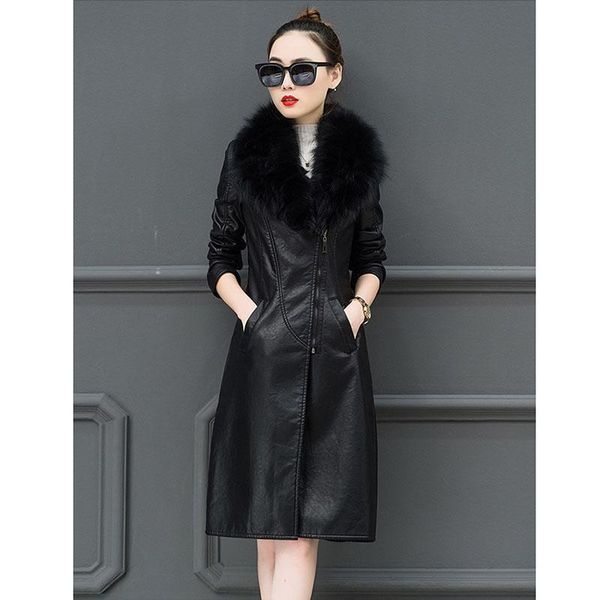 women's leather & faux high-end jacket 2021 autumn winter fur collar long plus velvet thick cotton coat pu warm overcoat, Black
women's leather & faux high-end jacket 2021 autumn winter fur collar long plus velvet thick cotton coat pu warm overcoat, Black