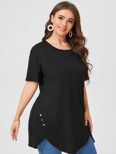 plus curved hem button detail solid tee h16k#, Black