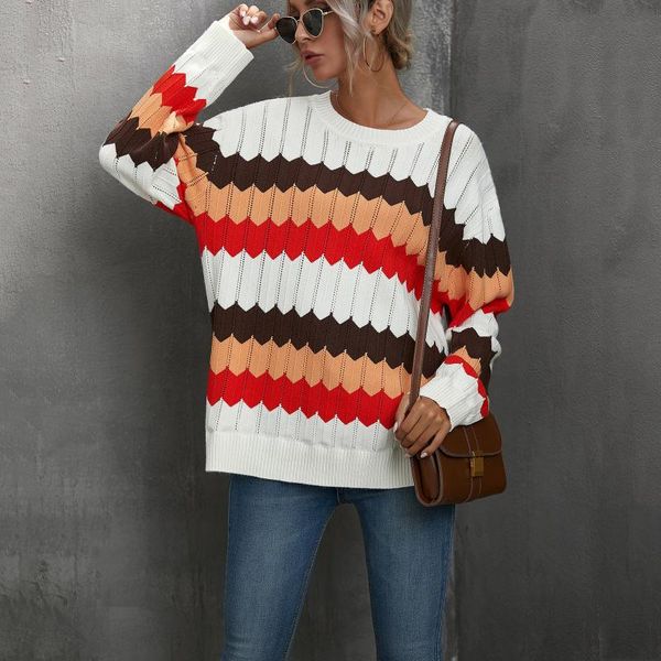 women's sweaters wavy pattern matching color stripe casual contrast knit sweater clothes for women 2021 fall pull femme, White;black
women's sweaters wavy pattern matching color stripe casual contrast knit sweater clothes for women 2021 fall pull femme, White;black