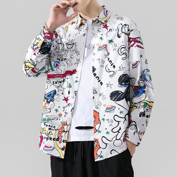 #6978 white graffiti cartoon printed shirt men long sleeves casual vintage hip hop for loose harajuku spring autumn men's shirts, White;black
#6978 white graffiti cartoon printed shirt men long sleeves casual vintage hip hop for loose harajuku spring autumn men's shirts, White;black