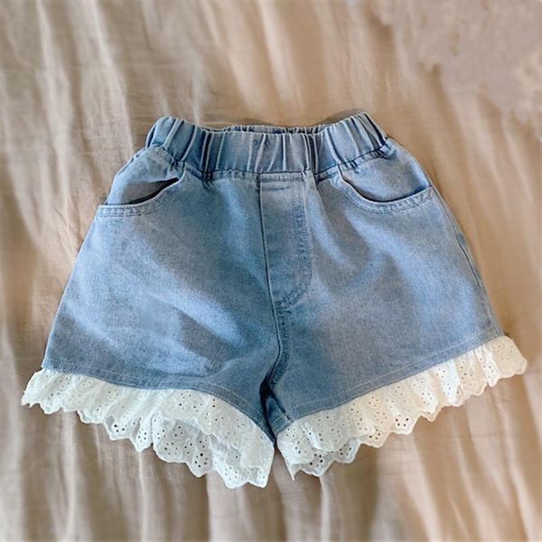 girls denim shorts summer children's sweet comfortable soft pants lace, Black