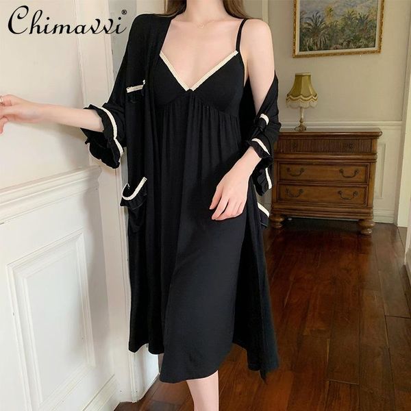 women's sleepwear nightdress 2021 summer v-neck sling nightgown with chest pad solid modal ruffled robe sleeping dress 2-piece set, Black;red
women's sleepwear nightdress 2021 summer v-neck sling nightgown with chest pad solid modal ruffled robe sleeping dress 2-piece set, Black;red