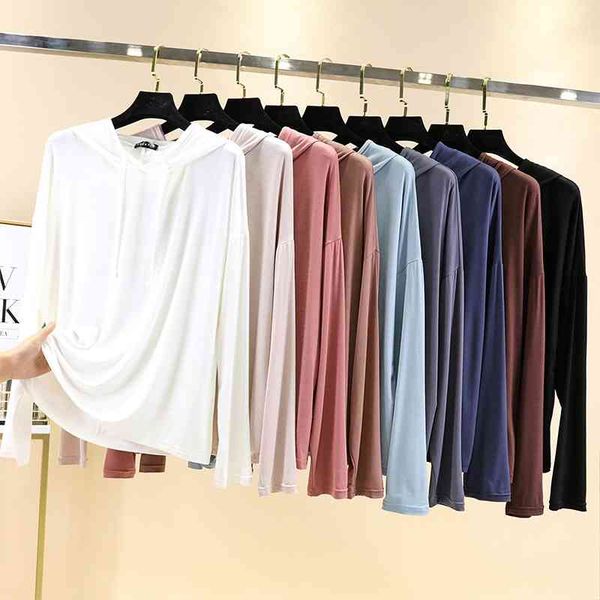 spring and summer modal long sleeve t-shirt women's large loose hooded sweater with solid color sunscreen thin top, Black
spring and summer modal long sleeve t-shirt women's large loose hooded sweater with solid color sunscreen thin top, Black