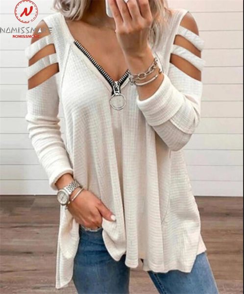 women's t-shirt fashion women solid color t-shirts hollow out design zipper decor v-neck long sleeve spring autumn casual loose pullove, White
women's t-shirt fashion women solid color t-shirts hollow out design zipper decor v-neck long sleeve spring autumn casual loose pullove, White