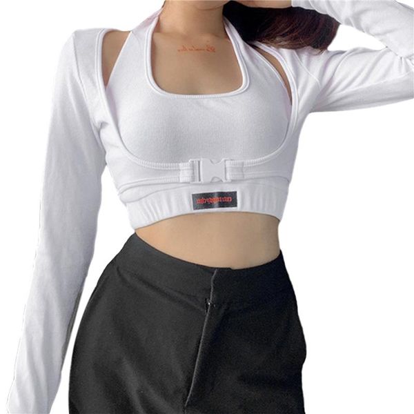 women's t-shirt 2021 fashion women fake two long sleeves slim style buckle waist design simple solid color sports clothing t shirt, White
women's t-shirt 2021 fashion women fake two long sleeves slim style buckle waist design simple solid color sports clothing t shirt, White