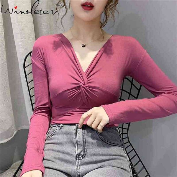 spring summer korean clothes cotton t-shirt girls chic solid drape v-neck women long sleeve slim tees t12806a 210421, White 
spring summer korean clothes cotton t-shirt girls chic solid drape v-neck women long sleeve slim tees t12806a 210421, White