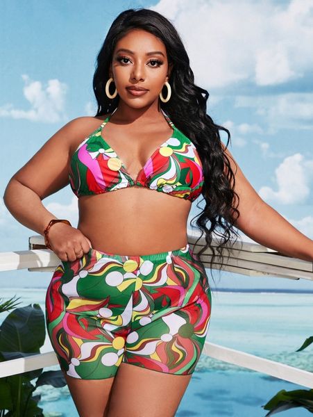 3pack plus allover print halter bikini swimsuit & cover up shorts y8nu#, Black