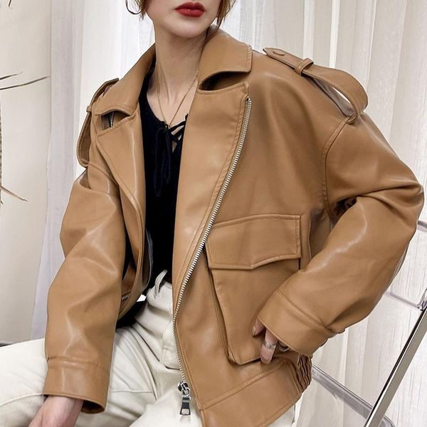 women's leather & faux autumn winter women loose soft jacket moto bike coat with belt streetwear female brown pu jackets, Black
women's leather & faux autumn winter women loose soft jacket moto bike coat with belt streetwear female brown pu jackets, Black