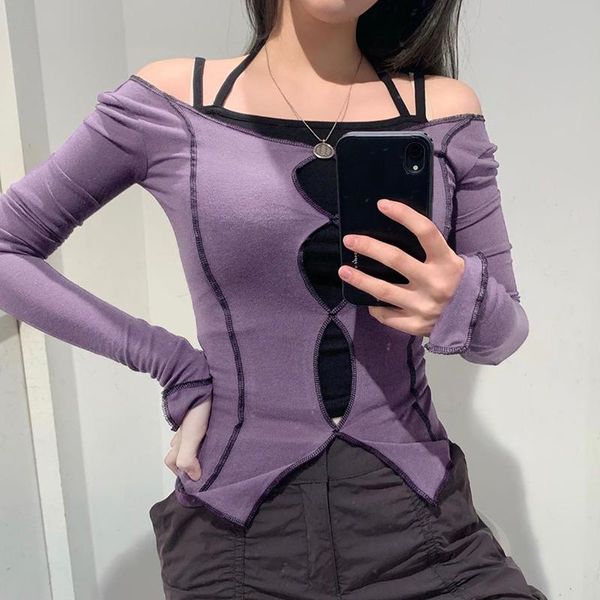womem 2021 spring off shoulder t-shirts long sleeve multi-straps purple/black tees hollow patch split crop girls streetwear women's t-s, White
womem 2021 spring off shoulder t-shirts long sleeve multi-straps purple/black tees hollow patch split crop girls streetwear women's t-s, White