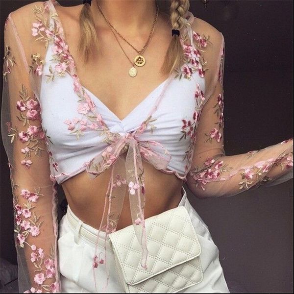 mesh see through women shirts floral embroidery crop summer casual long sleeve front tie up blouse, White
mesh see through women shirts floral embroidery crop summer casual long sleeve front tie up blouse, White