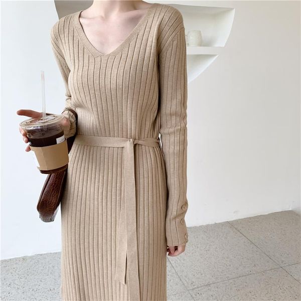 casual dresses korean knitted women long sleeve side split slim ladies v neck sashes sweater dress autumn winter vestidos female, Black;gray
casual dresses korean knitted women long sleeve side split slim ladies v neck sashes sweater dress autumn winter vestidos female, Black;gray