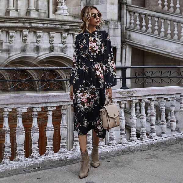 puff sleeve autumn winter women dress floral casual bow stand collar high wasit long, Black;gray
puff sleeve autumn winter women dress floral casual bow stand collar high wasit long, Black;gray