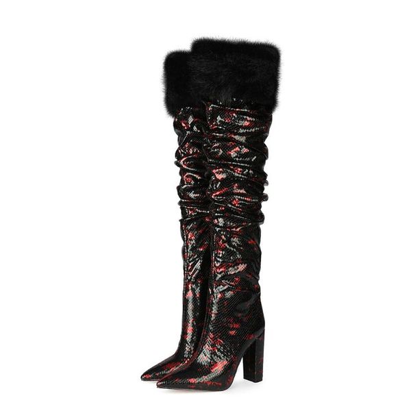 women over the knee slouchy boots serpentine pattern pointed toe chunky high heel shoes with fur, Black
women over the knee slouchy boots serpentine pattern pointed toe chunky high heel shoes with fur, Black